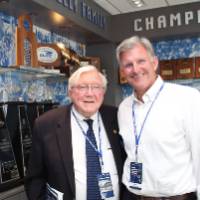 President Emeritus Don Lubbers posing with Randy Damstra at the Jamie Hosford Football Center dedication.